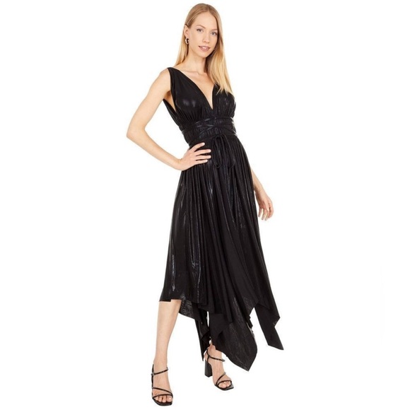 Norma Kamali Goddess Asymmetric Pleated Metallic Dress - Gunmetal - Picture 2 of 6
